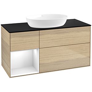 Villeroy et Boch Finion Villeroy et Boch FA62GFPC 120cm, plaque de recouvrement noir mat, étagères Laque blanche brillante, Oak Veneer