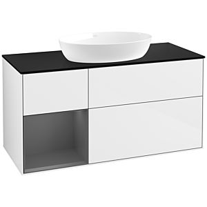 Villeroy et Boch Finion Villeroy et Boch FA62GKGF 120cm, plaque de recouvrement noir mat, étagères laqué anthracite mat, laqué blanc brillant