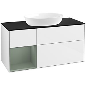 Villeroy und Boch Finion Waschtischunterschrank FA62GMGF 120cm, Abdeckplatte black matt, Regale Olive matt lacquer, Glossy white lacquer