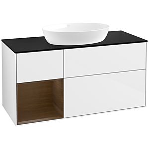 Villeroy und Boch Finion Waschtischunterschrank FA62GNGF 120cm, Abdeckplatte black matt, Regale Walnut Veneer, Glossy white lacquer