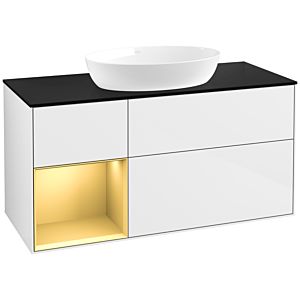 Villeroy und Boch Finion Waschtischunterschrank FA62HFGF 120cm, Abdeckplatte black matt, Regale Gold matt lacquer, Glossy white lacquer