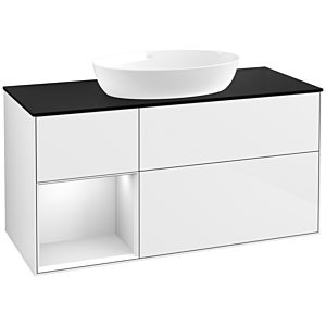 Villeroy et Boch Finion Villeroy et Boch FA62MTGF 120cm, plaque de recouvrement noire mate, étagères laquées blanc mat, laqué blanc brillant