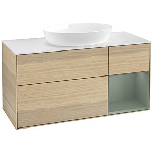 Villeroy und Boch Finion Waschtischunterschrank FA71GMPC 120cm, Abdeckplatte white matt, Regale Olive matt lacquer, Oak Veneer