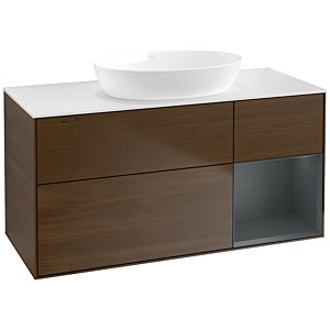 Villeroy und Boch Finion Waschtischunterschrank FA71HGGN 120cm, Abdeckplatte white matt, Regale Midnight matt lacquer, Walnut veneer