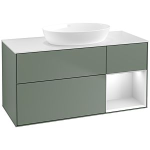 Villeroy et Boch Finion Villeroy et Boch FA71MTGM 120cm, plaque de recouvrement blanc mat, étagères laqué blanc mat, Olive Matt Lacquer