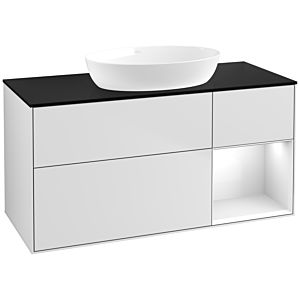 Villeroy et Boch Finion Villeroy et Boch FA72GFMT 120cm, plaque de recouvrement noir mat, étagères laqué blanc brillant, laqué blanc mat