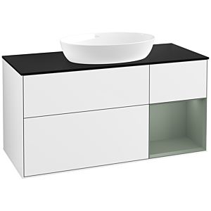 Villeroy und Boch Finion Waschtischunterschrank FA72GMGF 120cm, Abdeckplatte black matt, Regale Olive matt lacquer, Glossy white lacquer
