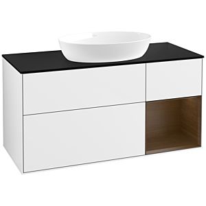 Villeroy und Boch Finion Waschtischunterschrank FA72GNGF 120cm, Abdeckplatte black matt, Regale Walnut Veneer, Glossy white lacquer
