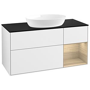 Villeroy et Boch Finion FA72PCGF 120cm, plaque de finition noire mate, étagères Oak Veneer , laqué blanc brillant