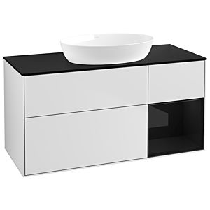 Villeroy und Boch Finion Waschtischunterschrank FA72PHMT 120cm, Abdeckplatte black matt, Regale Glossy black lacquer, White matt lacquer