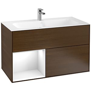 Villeroy und Boch Finion Waschtischunterschrank G030GFGN 99,6x59,1cm, Wandbeleuchtung, Regal links Glossy white lacquer, Walnut veneer