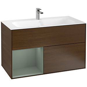 Villeroy und Boch Finion Waschtischunterschrank G030GMGN 99,6x59,1cm, Wandbeleuchtung, Regal links Olive Matt Lacquer, Walnut veneer