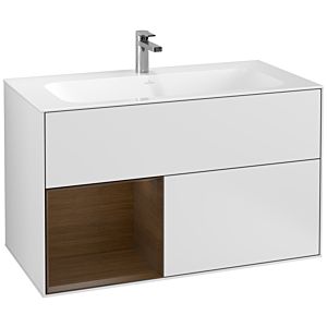 Villeroy und Boch Finion Waschtischunterschrank G030GNMT 99,6x59,1cm, Wandbeleuchtung, Regal links Walnut veneer, White matt lacquer