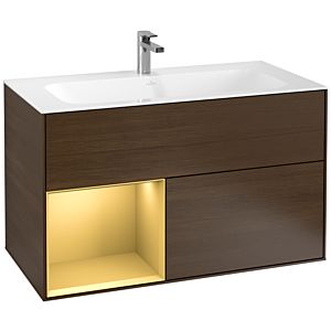 Villeroy und Boch Finion Waschtischunterschrank G030HFGN 99,6x59,1cm, Wandbeleuchtung, Regal links Gold matt, Walnut veneer