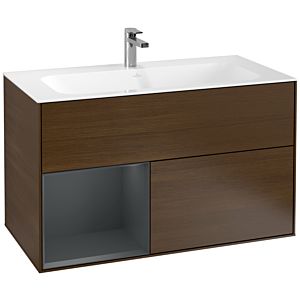 Villeroy und Boch Finion Waschtischunterschrank G030HGGN 99,6x59,1cm, Wandbeleuchtung, Regal links Midnight Blue Matt Lacquer, Walnut veneer