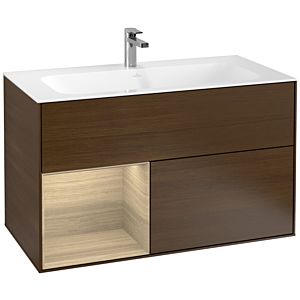 Villeroy und Boch Finion Waschtischunterschrank G030PCGN 99,6x59,1cm, Wandbeleuchtung, Regal links Oak Veneer, Walnut veneer