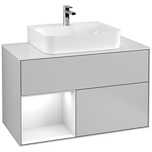 Villeroy und Boch Finion Waschtischunterschrank G111GFGJ 100cm, Abdeckplatte white matt, Emotion, Regal links Glossy white lacquer, Light grey matt