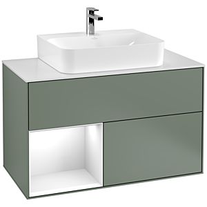 Villeroy und Boch Finion Waschtischunterschrank G111GFGM 100cm, Abdeckplatte white matt, Emotion, Regal links Glossy white lacquer, Olive Matt Lacquer
