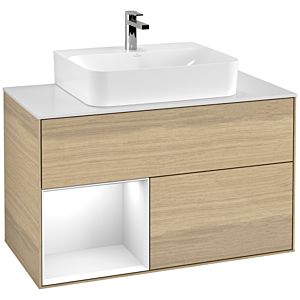 Villeroy und Boch Finion Waschtischunterschrank G111GFPC 100cm, Abdeckplatte white matt, Emotion, Regal links Glossy white lacquer, Oak Veneer