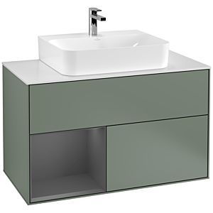 Villeroy et Boch Finion Villeroy et Boch G111GKGM 100cm, plaque de finition blanc mat, emotion, étagère gauche anthracite mat, Olive Matt Lacquer