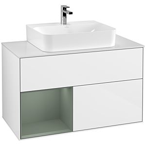 Villeroy und Boch Finion Waschtischunterschrank G111GMGF 100cm, Abdeckplatte white matt, Emotion, Regal links Olive Matt Lacquer, Glossy white lacquer