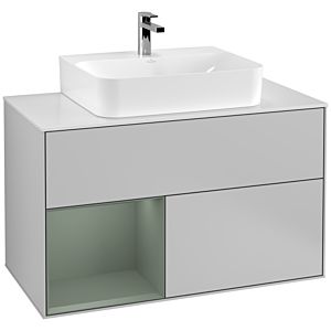 Villeroy et Boch Finion Villeroy et Boch G111GMGJ 100cm, plaque de finition blanc mat, Emotion, étagère à gauche Olive Matt Lacquer , gris clair mat