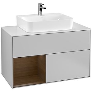 Villeroy und Boch Finion Waschtischunterschrank G111GNGJ 100cm, Abdeckplatte white matt, Emotion, Regal links Walnut veneer, Light grey matt