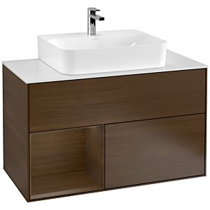 Villeroy und Boch Finion Waschtischunterschrank G111GNGN 100cm, Abdeckplatte white matt, Emotion, Regal links Walnut veneer, Walnut veneer