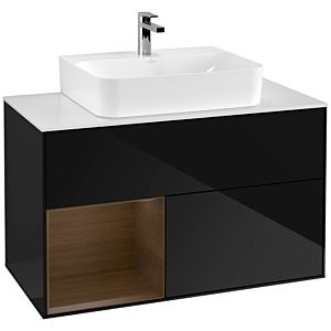 Villeroy und Boch Finion Waschtischunterschrank G111GNPH 100cm, Abdeckplatte white matt, Emotion, Regal links Walnut veneer, Glossy Black Lacquer