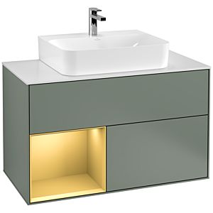 Villeroy et Boch Finion Villeroy et Boch G111HFGM 100cm, plaque de recouvrement blanc mat, Emotion, étagère gauche or mat, Olive Matt Lacquer