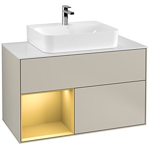 Villeroy und Boch Finion Waschtischunterschrank G111HFHH 100cm, Abdeckplatte white matt, Emotion, Regal links Gold matt, Sand Matt Lacquer