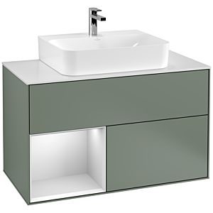 Villeroy et Boch Finion Villeroy et Boch G111MTGM 100cm, plaque de recouvrement blanc mat, Emotion, étagère gauche laqué blanc mat, Olive Matt Lacquer