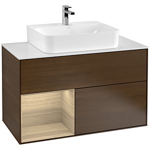 Villeroy und Boch Finion Waschtischunterschrank G111PCGN 100cm, Abdeckplatte white matt, Emotion, Regal links Oak Veneer, Walnut veneer