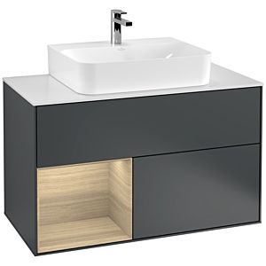 Villeroy und Boch Finion Waschtischunterschrank G111PCHG 100cm, Abdeckplatte white matt, Emotion, Regal links Oak Veneer, Midnight Blue Matt Lacquer
