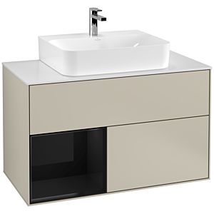 Villeroy und Boch Finion Waschtischunterschrank G111PHHH 100cm, Abdeckplatte white matt, Emotion, Regal links Glossy Black Lacquer, Sand Matt Lacquer