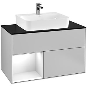 Villeroy und Boch Finion Waschtischunterschrank G112GFGJ 100cm, Abdeckplatte black matt, Emotion, Regal links Glossy white lacquer, Light grey matt