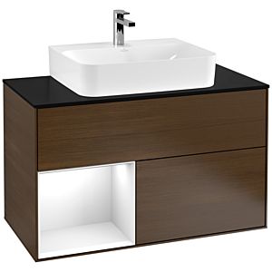 Villeroy und Boch Finion Waschtischunterschrank G112GFGN 100cm, Abdeckplatte black matt, Emotion, Regal links Glossy white lacquer, Walnut veneer
