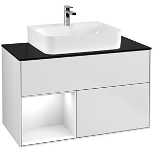 Villeroy et Boch Finion Villeroy et Boch G112GFMT 100cm, plaque de finition noir mat, Emotion, étagère gauche laqué blanc brillant, laqué blanc mat