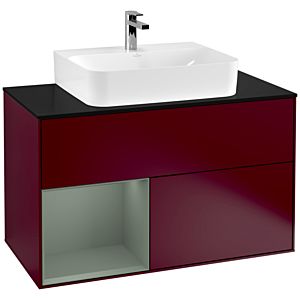 Villeroy und Boch Finion Waschtischunterschrank G112GMHB 100cm, Abdeckplatte black matt, Emotion, Regal links Olive Matt Lacquer, Peony Matt