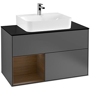 Villeroy und Boch Finion Waschtischunterschrank G112GNGK 100cm, Abdeckplatte black matt, Emotion, Regal links Walnut veneer, Anthracite matt