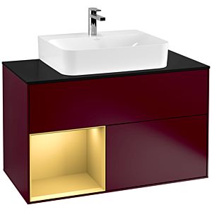 Villeroy und Boch Finion Waschtischunterschrank G112HFHB 100cm, Abdeckplatte black matt, Emotion, Regal links Gold matt, Peony Matt