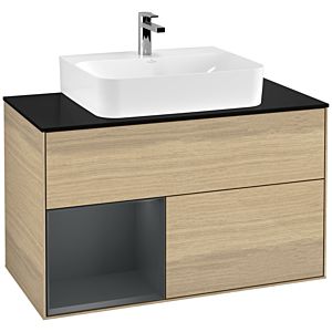 Villeroy und Boch Finion Waschtischunterschrank G112HGPC 100cm, Abdeckplatte black matt, Emotion, Regal links Midnight Blue Matt Lacquer, Oak Veneer