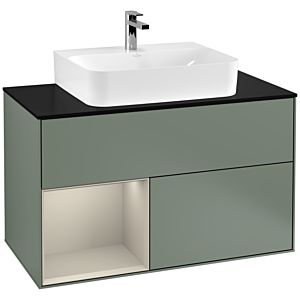 Villeroy und Boch Finion Waschtischunterschrank G112HHGM 100cm, Abdeckplatte black matt, Emotion, Regal links Sand Matt Lacquer, Olive Matt Lacquer