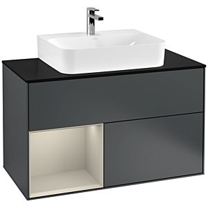 Villeroy und Boch Finion Waschtischunterschrank G112HHHG 100cm, Abdeckplatte black matt, Emotion, Regal links Sand Matt Lacquer, Midnight Blue Matt Lacquer