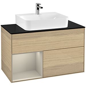 Villeroy und Boch Finion Waschtischunterschrank G112HHPC 100cm, Abdeckplatte black matt, Emotion, Regal links Sand Matt Lacquer, Oak Veneer