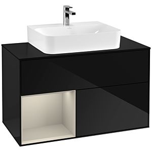 Villeroy und Boch Finion Waschtischunterschrank G112HHPH 100cm, Abdeckplatte black matt, Emotion, Regal links Sand Matt Lacquer, Glossy Black Lacquer
