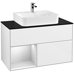 Villeroy et Boch Finion Villeroy et Boch G112MTGF 100cm, plaque de finition noir mat, Emotion, étagère gauche laqué blanc mat, laqué blanc brillant