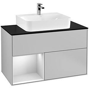Villeroy und Boch Finion Waschtischunterschrank G112MTGJ 100cm, Abdeckplatte black matt, Emotion, Regal links White matt lacquer, Light grey matt
