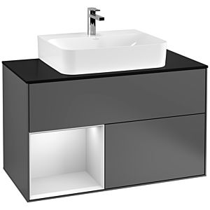 Villeroy und Boch Finion Waschtischunterschrank G112MTGK 100cm, Abdeckplatte black matt, Emotion, Regal links White matt lacquer, Anthracite matt