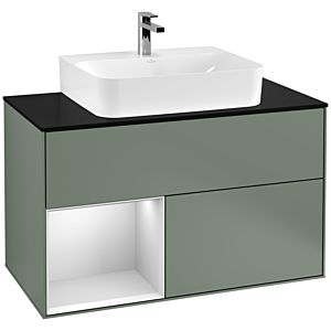 Villeroy und Boch Finion Waschtischunterschrank G112MTGM 100cm, Abdeckplatte black matt, Emotion, Regal links White matt lacquer, Olive Matt Lacquer